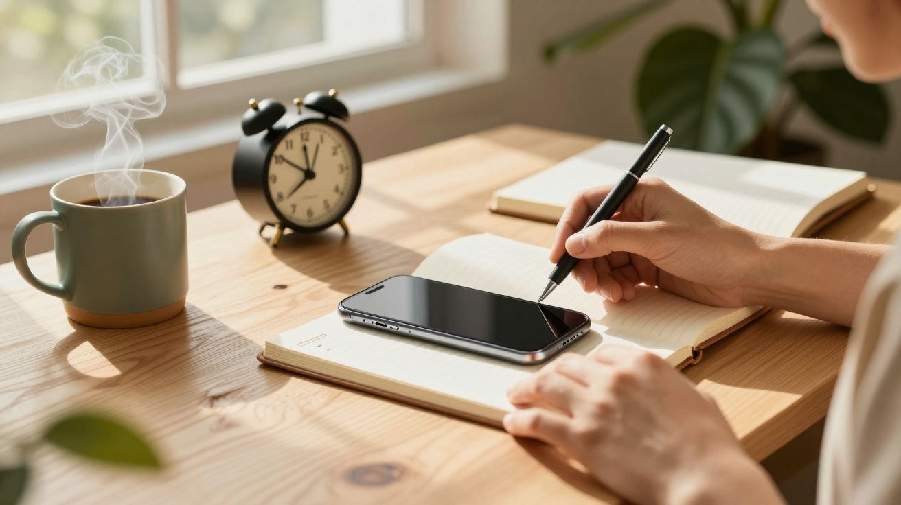 Persona tomando notas en un escritorio con café, móvil, reloj y planta al fondo.