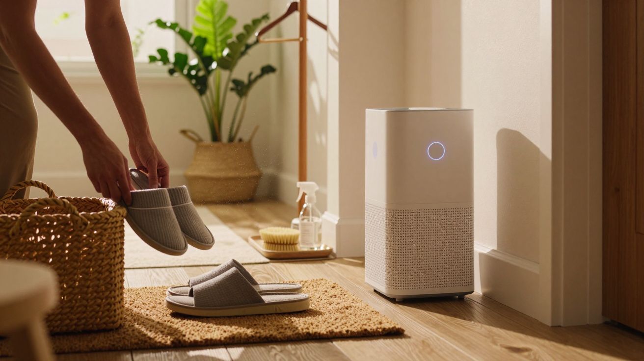 Persona colocando zapatillas junto a cesta en habitación con purificador de aire y plantas.
