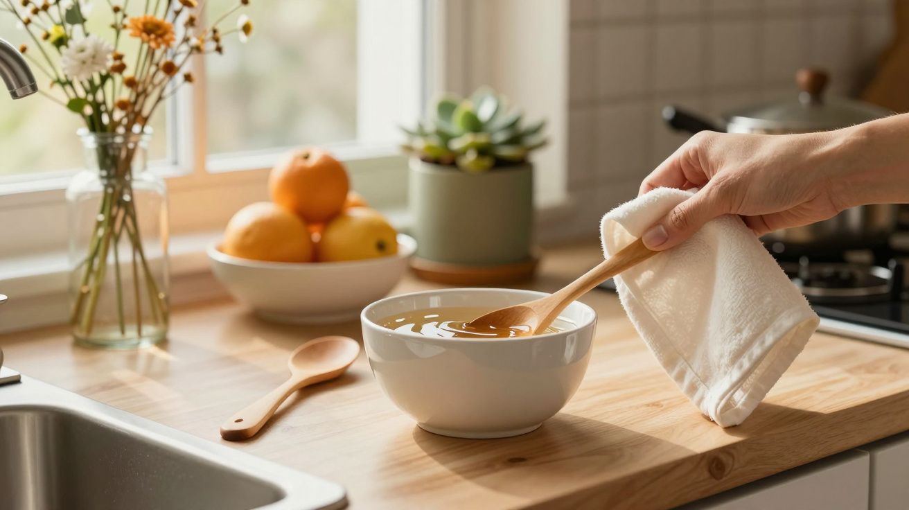 Mano sosteniendo paño sobre tazón de sopa en cocina, con frutas y flores al fondo.
