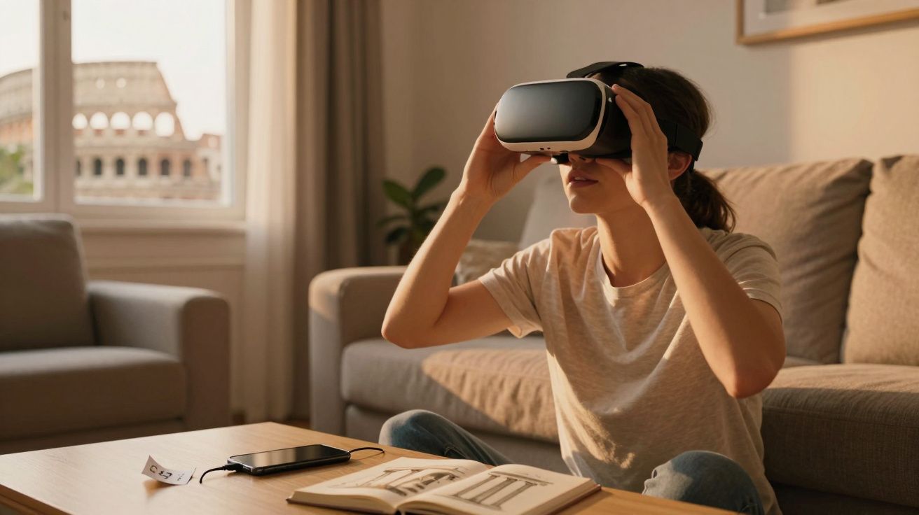 Mujer sentada en un salón usando gafas de realidad virtual, con un libro y un móvil sobre la mesa frente a ella.