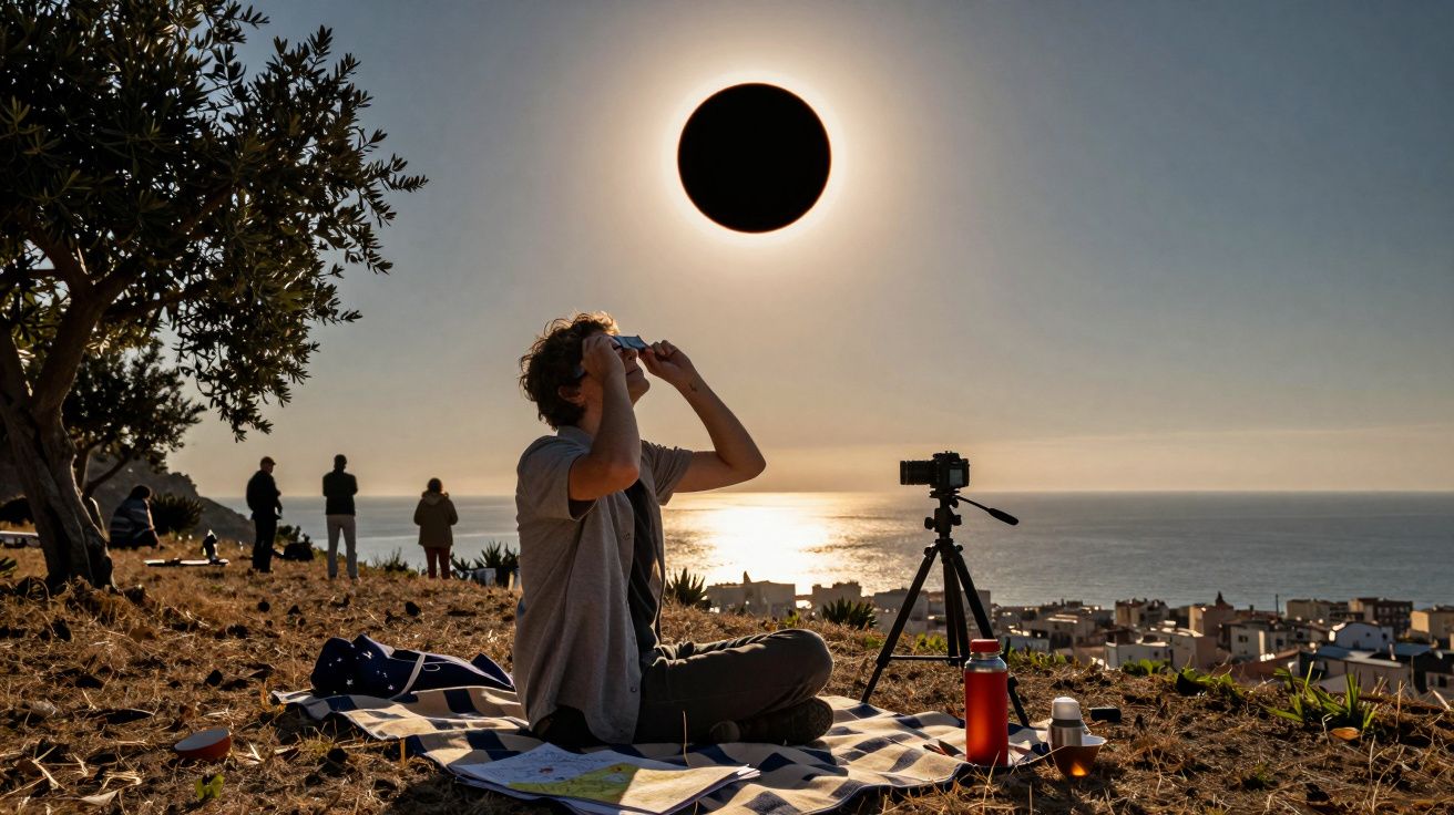 Persona observando un eclipse solar con gafas especiales en un campo cerca del mar, con cámara y trípode al lado.