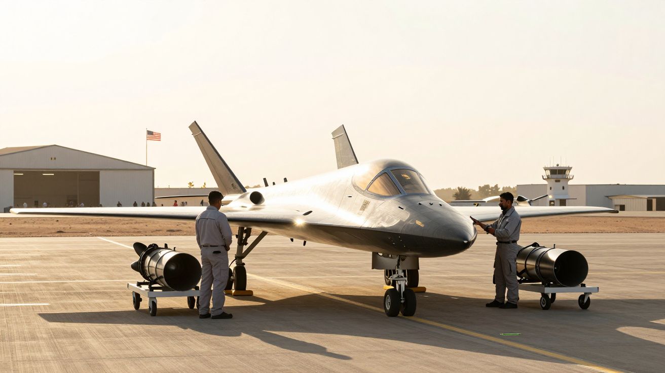 Avión militar estacionado en una pista con dos personas a su lado y hangares al fondo, bajo un cielo despejado.