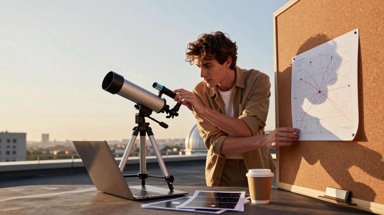 Hombre joven ajusta telescopio en tejado, con un gráfico de constelaciones y libros en una mesa, al atardecer.