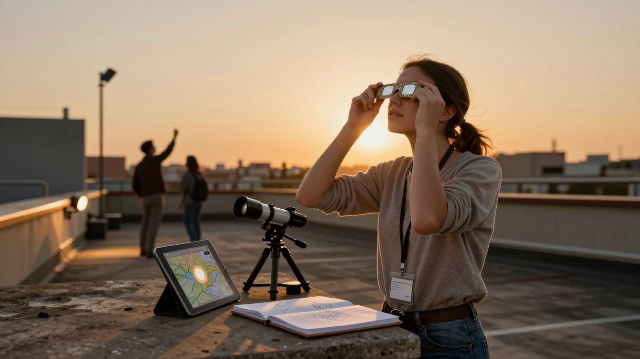 Persona observando el cielo con gafas especiales al atardecer en una azotea, con telescopio y tableta cerca.