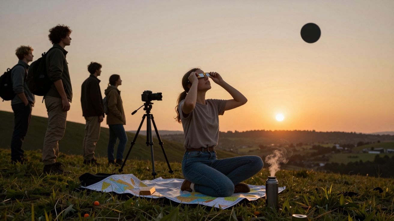 Grupo de personas observando un eclipse solar al atardecer en el campo; una mujer sentada usa gafas de protección.