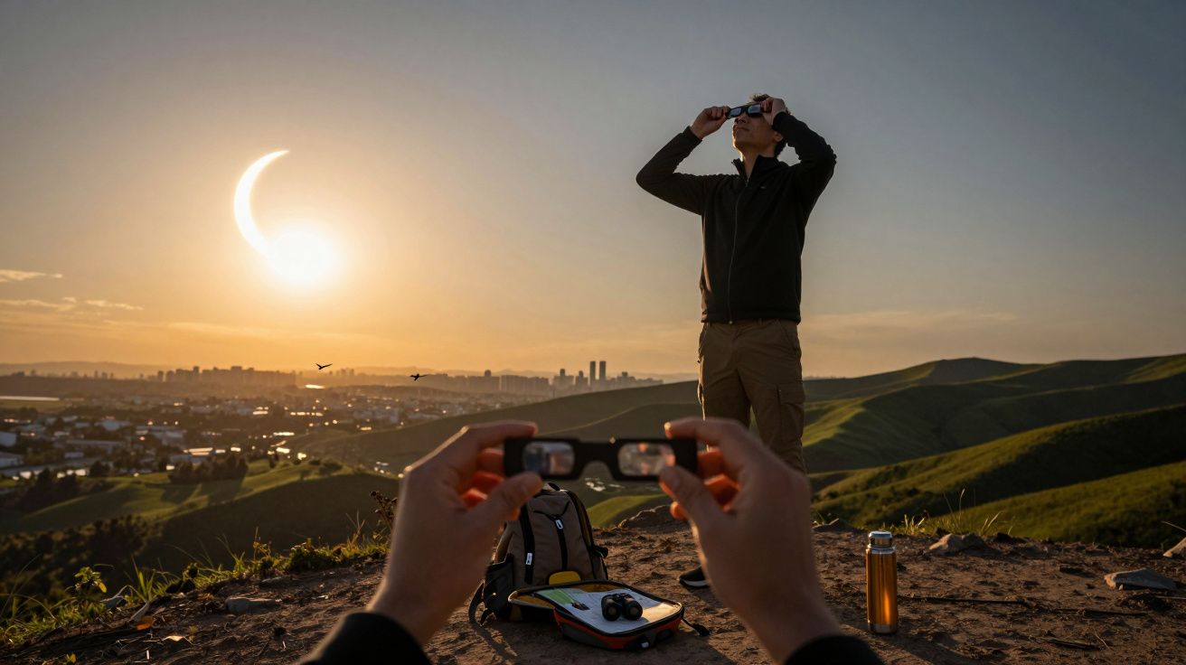 Persona observando un eclipse solar con gafas especiales en un paisaje montañoso cerca de una ciudad al atardecer.