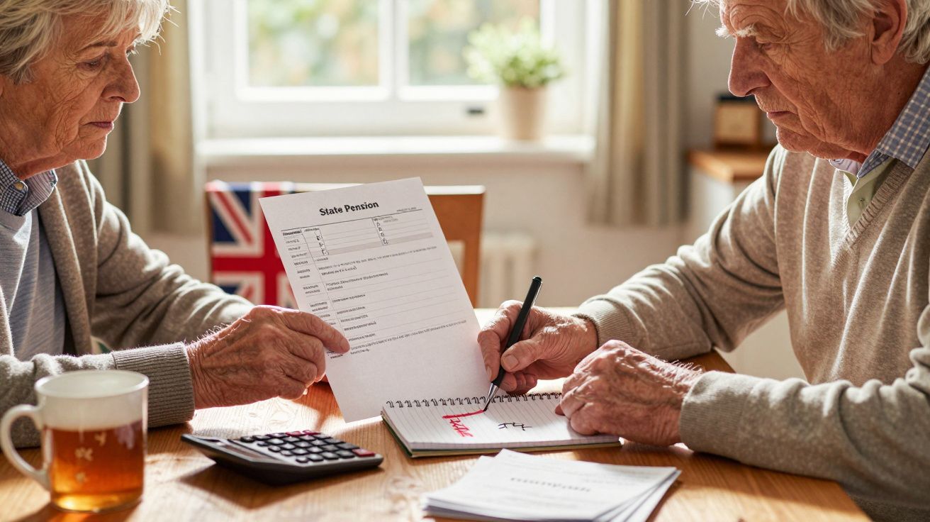 Pareja mayor revisando documentos de pensión en una mesa con cálculos y una bandera británica al fondo.