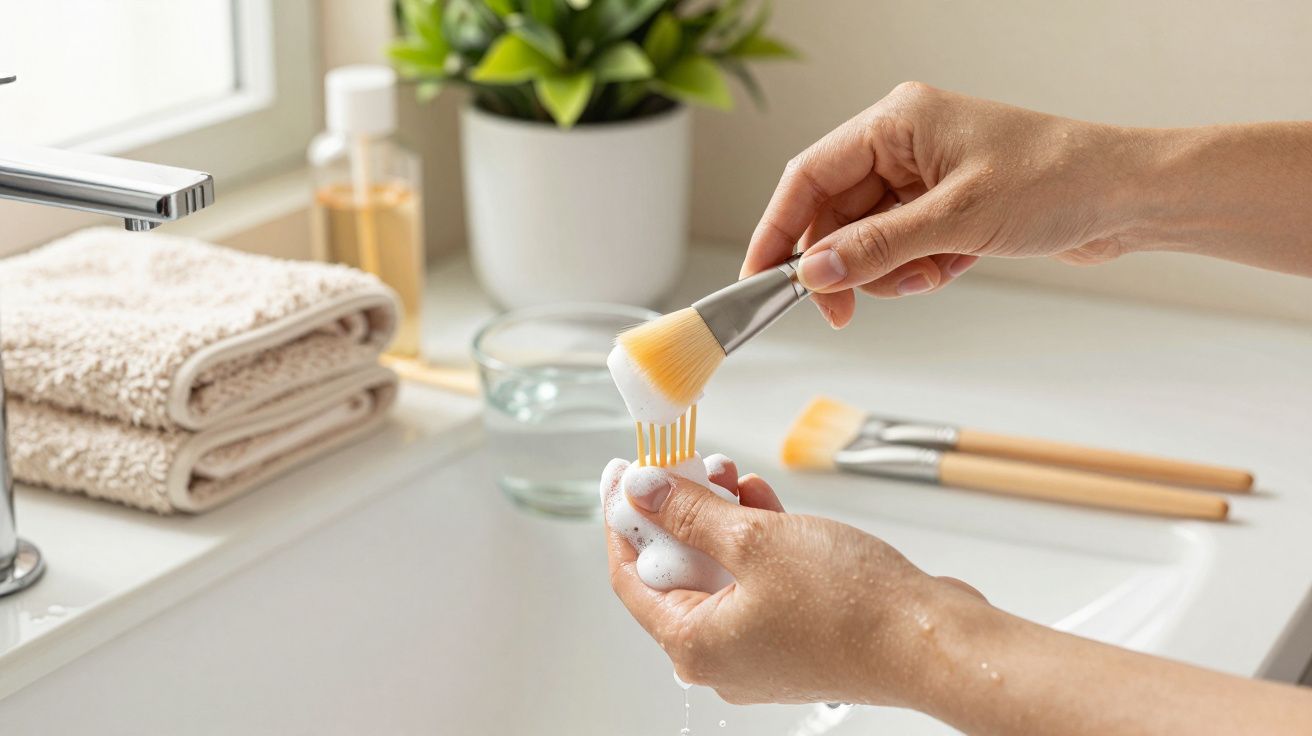Manos limpiando brocha de maquillaje con jabón en un baño, plantas y toallas al fondo.