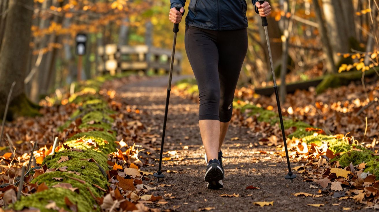 Persona haciendo senderismo con bastones en un bosque otoñal cubierto de hojas secas.