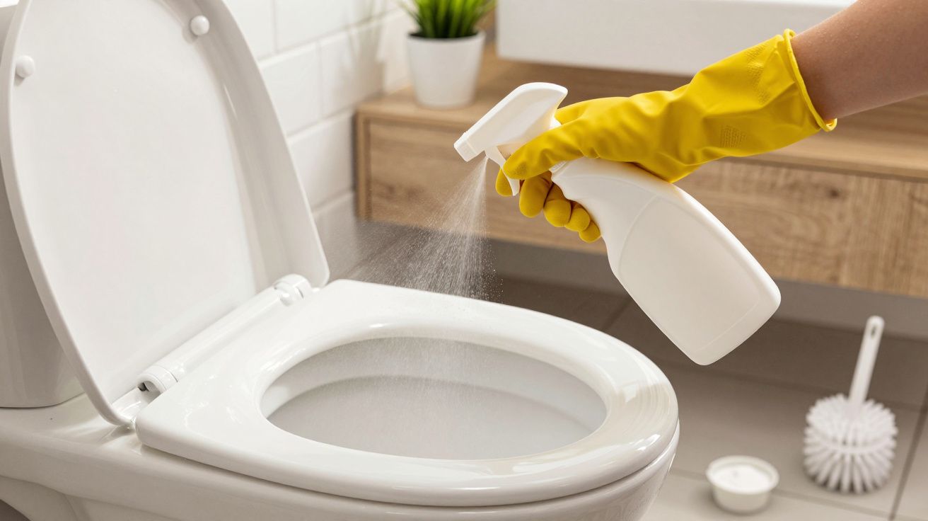 Mano con guante amarillo limpiando un inodoro blanco con spray en un baño moderno.