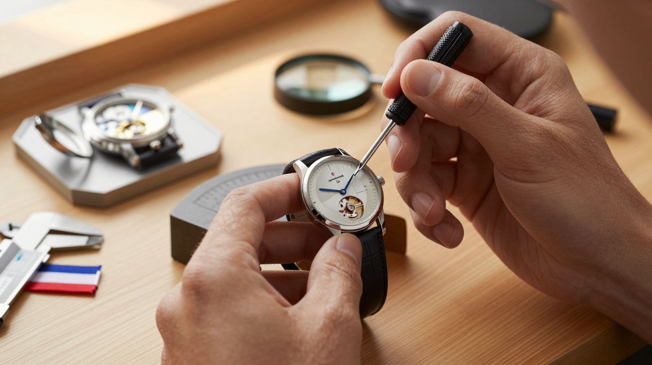 Manos reparando un reloj de pulsera con destornillador, lupa y otro reloj en mesa de madera.