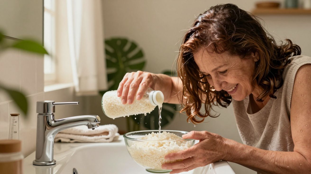 Mujer madura sonriendo mientras lava arroz en un bol bajo el grifo en una cocina bien iluminada.
