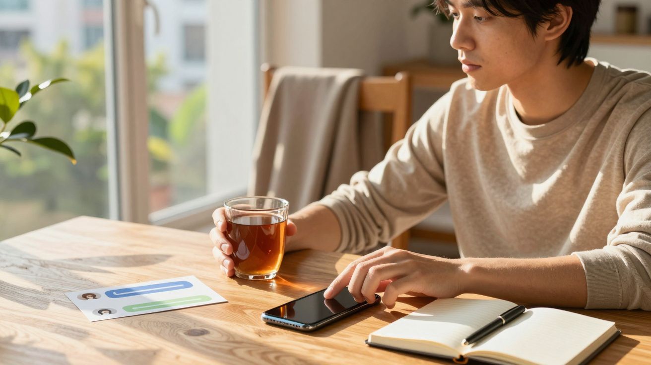 Persona en mesa de madera con móvil, té y cuaderno, mirando documento. Ventana luminosa al fondo.