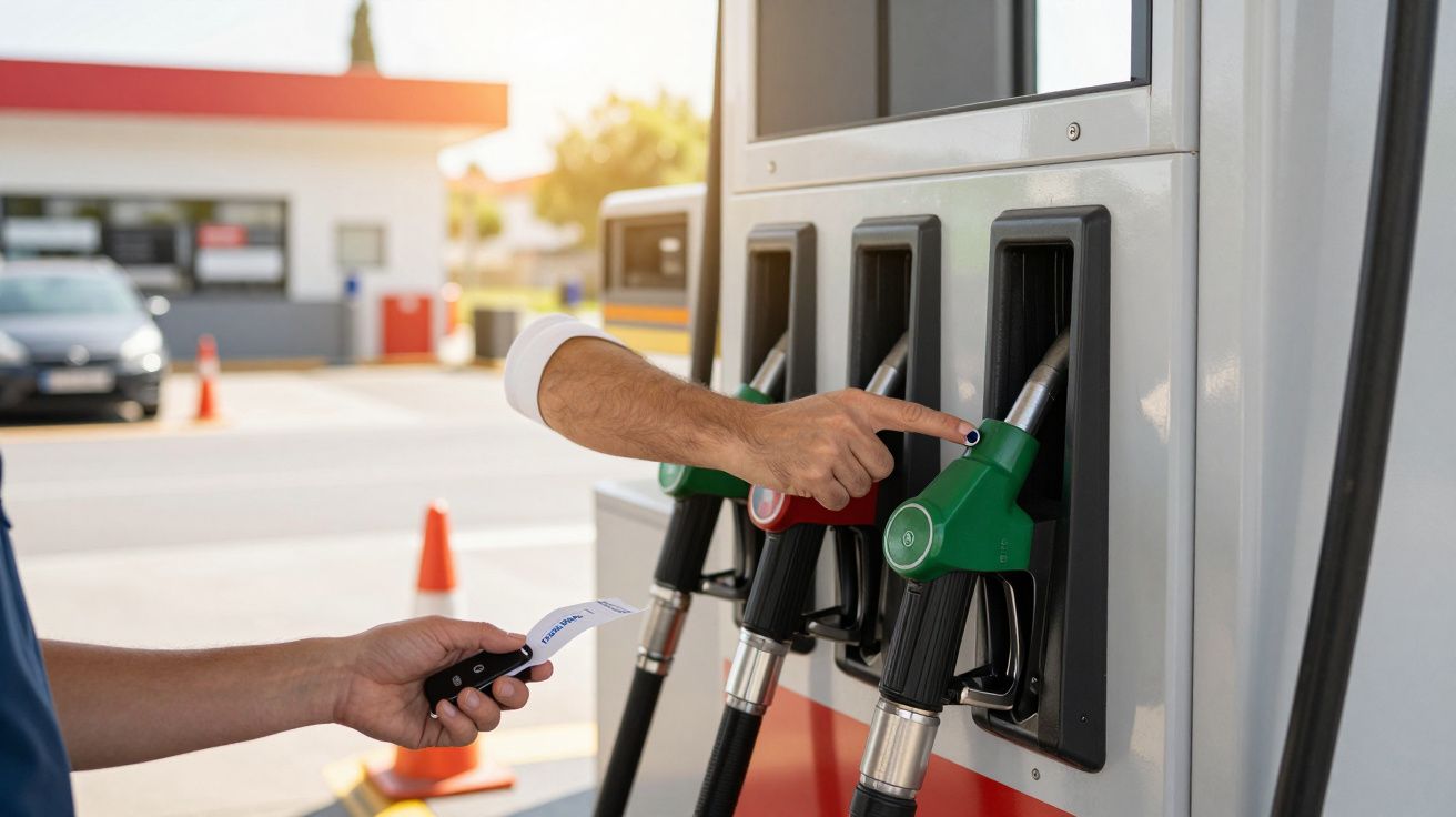 Persona eligiendo surtidor de gasolina en estación de servicio, sosteniendo tarjeta de crédito en la otra mano.