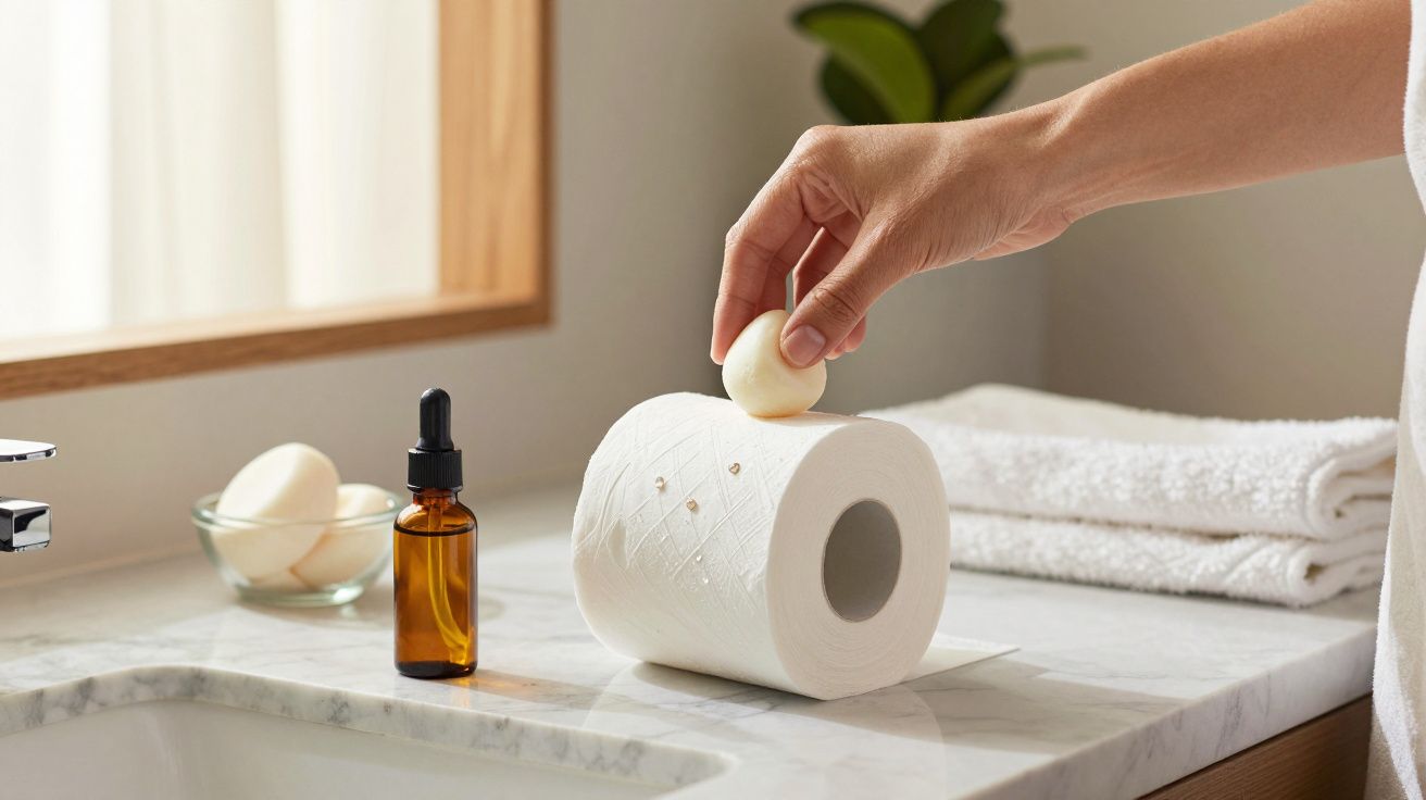 Mano colocando un huevo en un rollo de papel higiénico sobre el lavabo, junto a una botella y una toalla blanca.