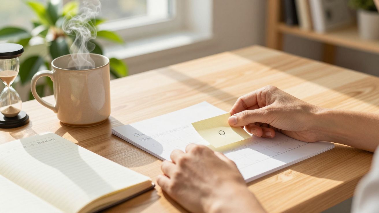 Manos colocando una nota adhesiva en un calendario sobre escritorio. Hay una taza de café, un cuaderno y un reloj de arena.
