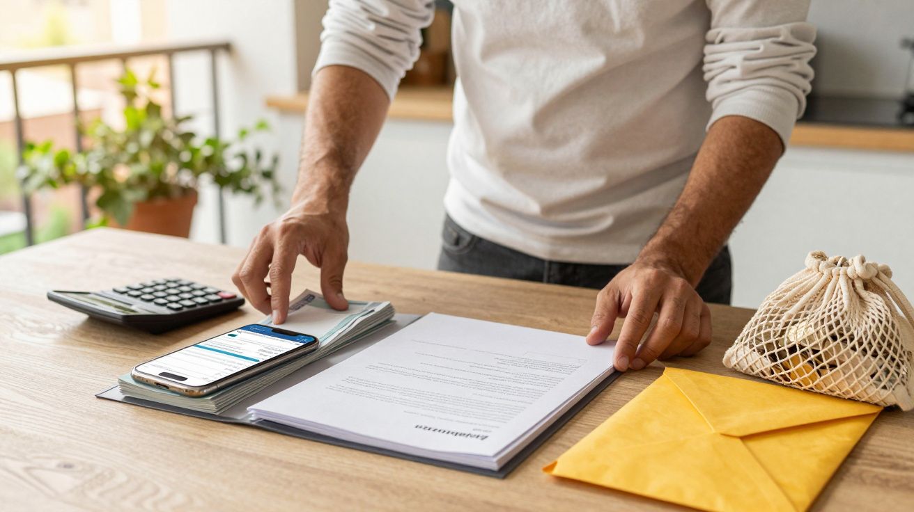 Persona revisando documentos en una mesa con un sobre amarillo, teléfono, calculadora y bolsa de malla con cítricos.