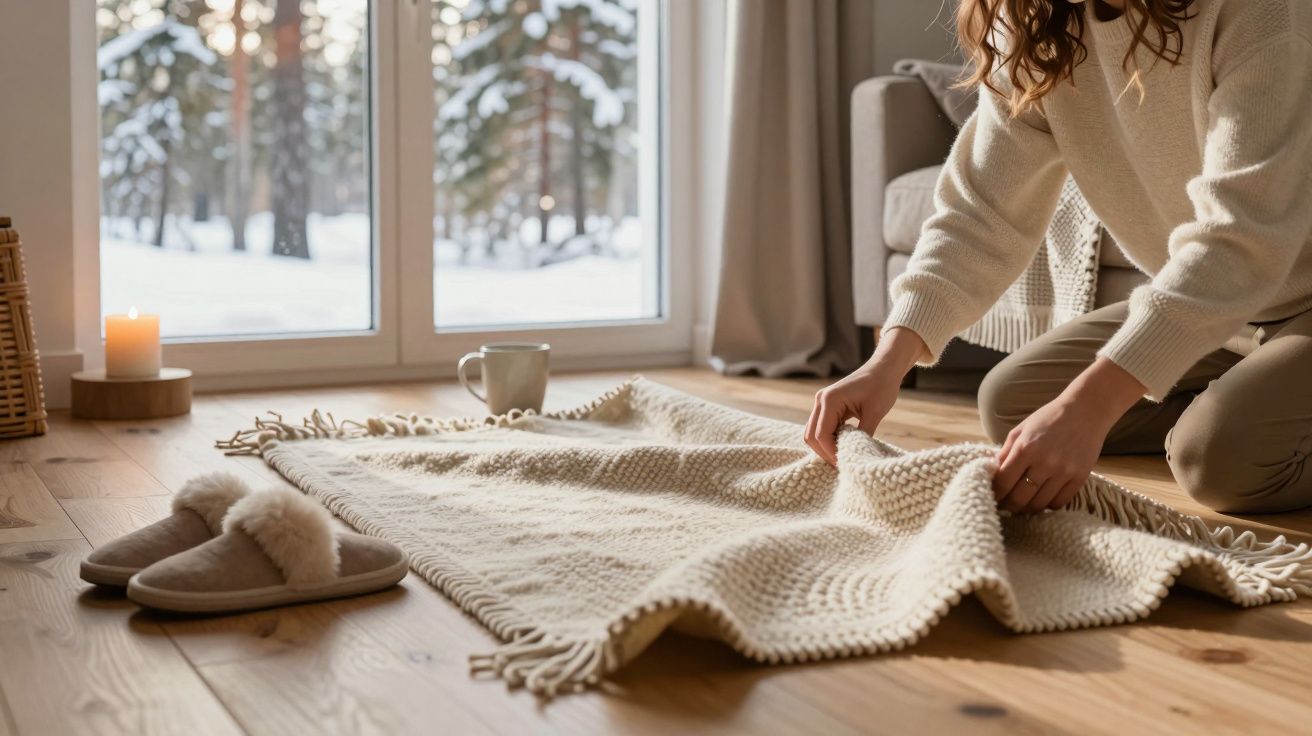 Mujer extendiendo una manta en suelo de madera junto a zapatillas esponjosas y una taza, con vista de invierno por la ventana