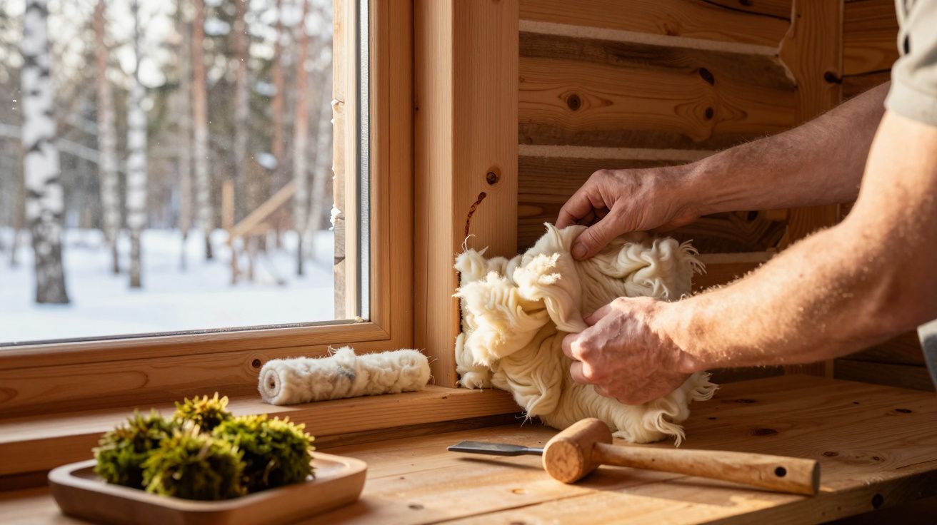 Hombre ajustando aislamiento de lana en una ventana de madera en una cabaña, con bosques nevados visibles afuera.