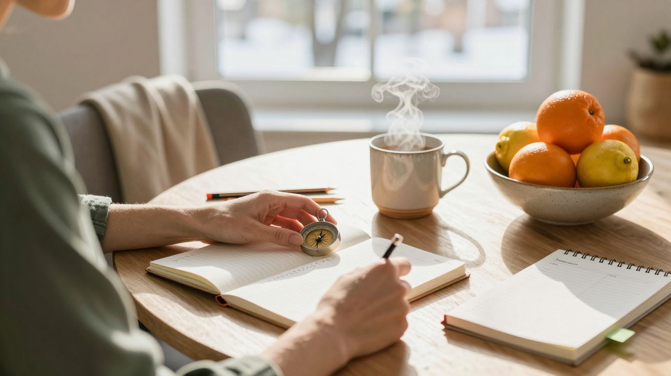Persona escribiendo en un cuaderno con una brújula en la mano, taza de café humeante y frutero en la mesa.