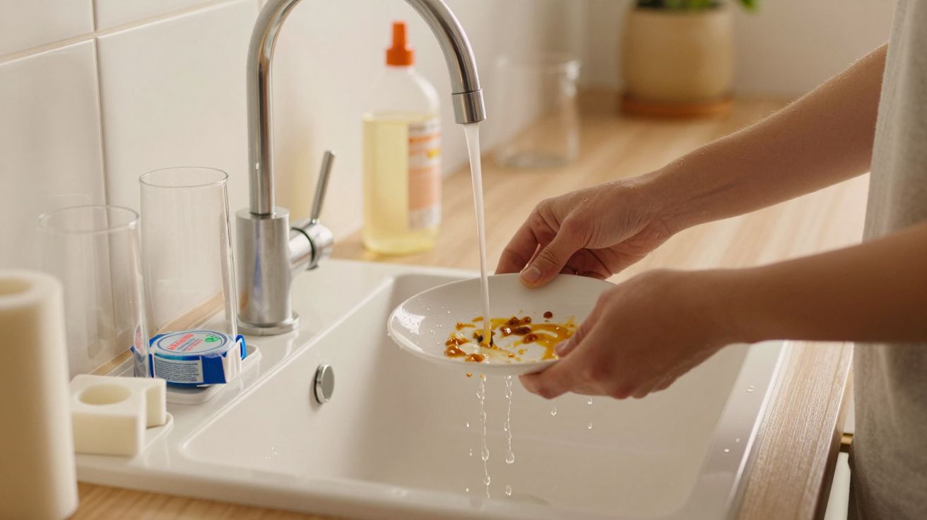 Persona lavando un plato bajo el grifo en una cocina, con jabón líquido y esponja cerca del fregadero.