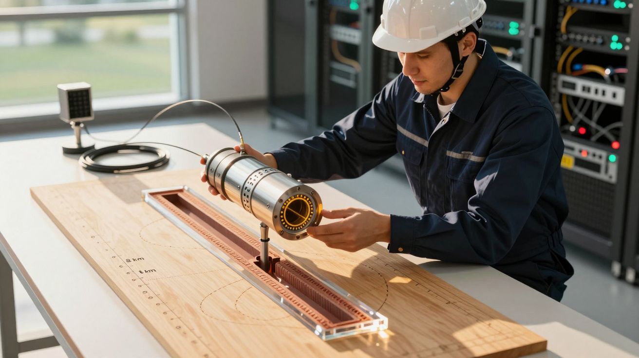 Ingeniero con casco manipula equipo científico en laboratorio con servidores de fondo.