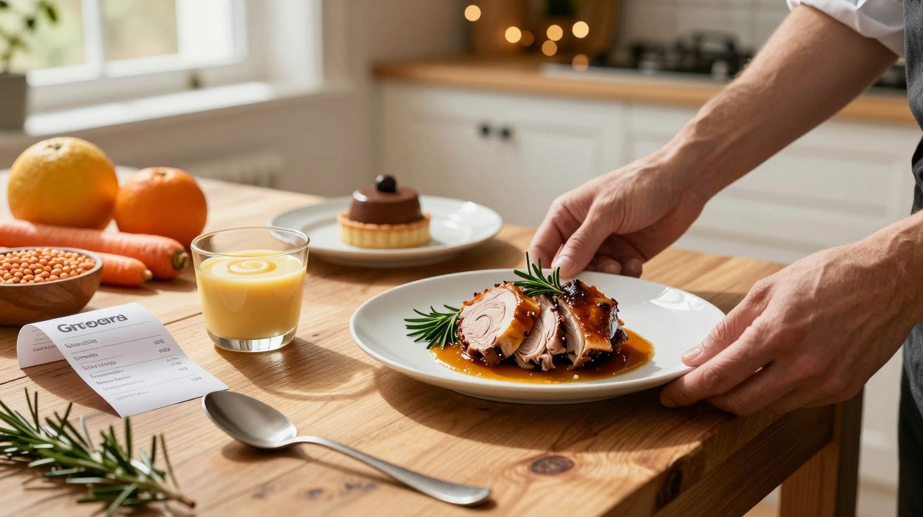 Persona colocando un plato de carne con salsa en la mesa, rodeada de alimentos, postre y lista de compras.