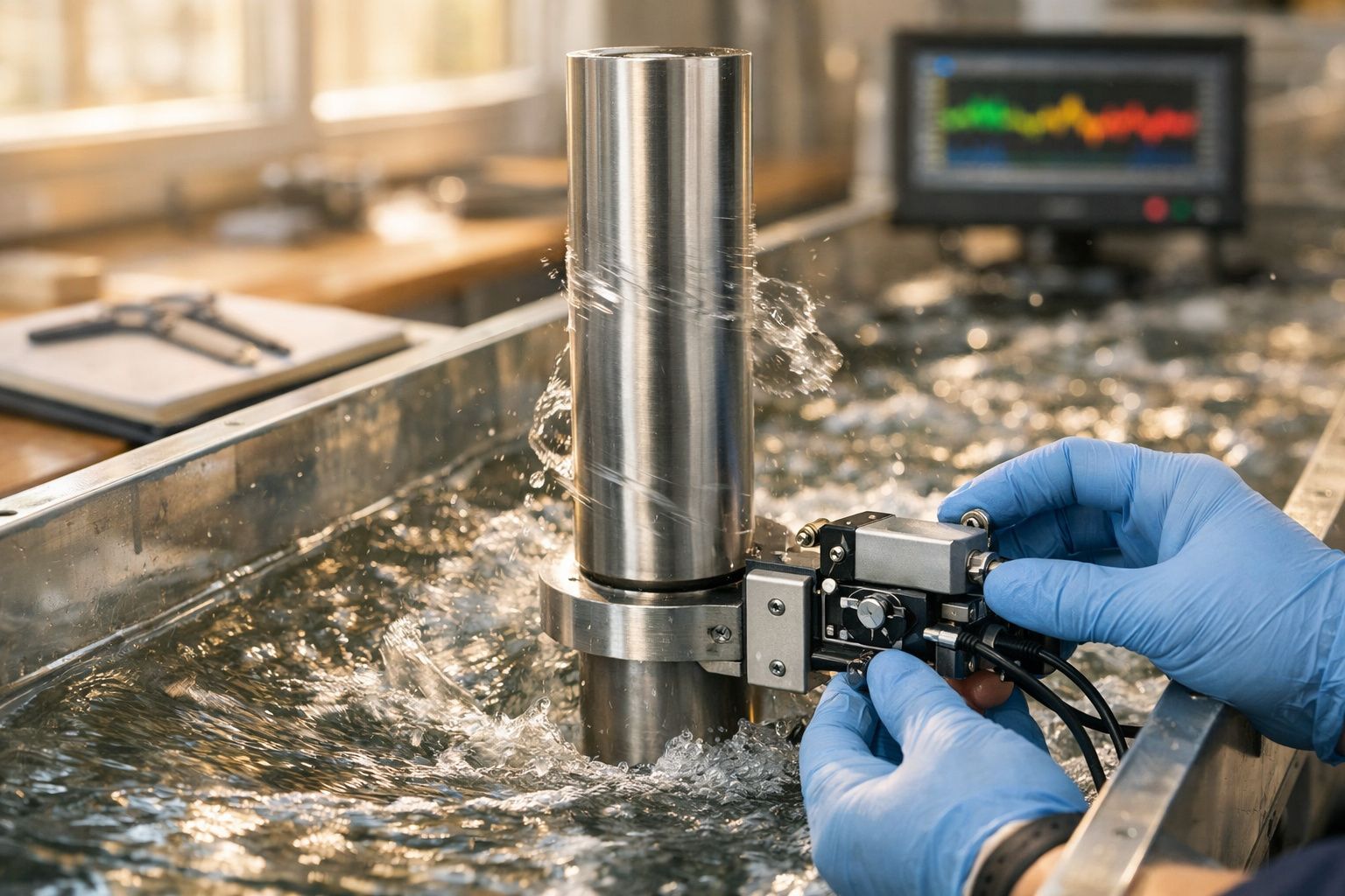 Hombre con gafas de seguridad observa experimento en tanque de agua con cilindro y equipos electrónicos.