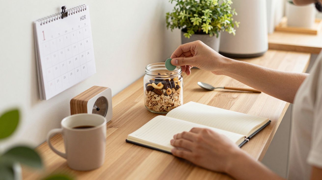 Mano marcando calendario, otra cogiendo frutos secos de un tarro sobre escritorio con cuaderno, reloj y plantas.