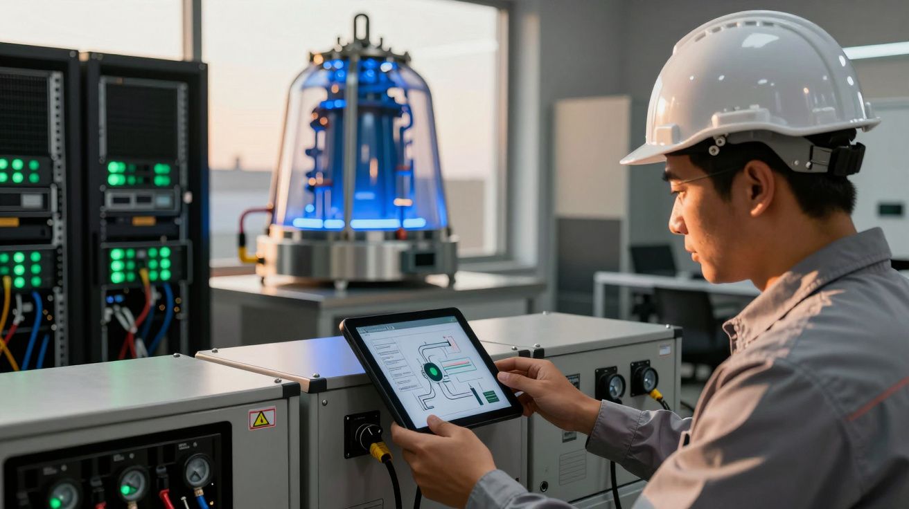 Ingeniero con casco maneja equipo industrial con tablet, fondo de maquinaria iluminada en azul.