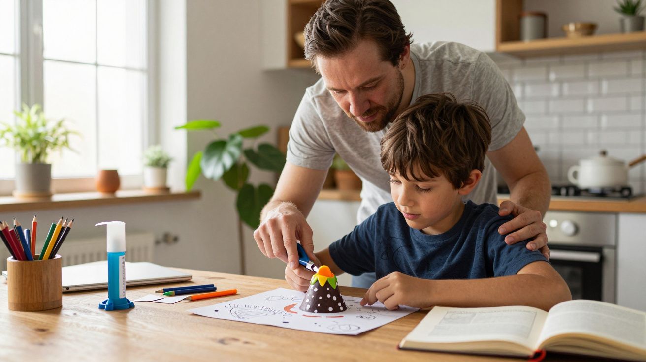 Padre e hijo construyen un volcán de papel en la cocina, rodeados de libros y lápices de colores.
