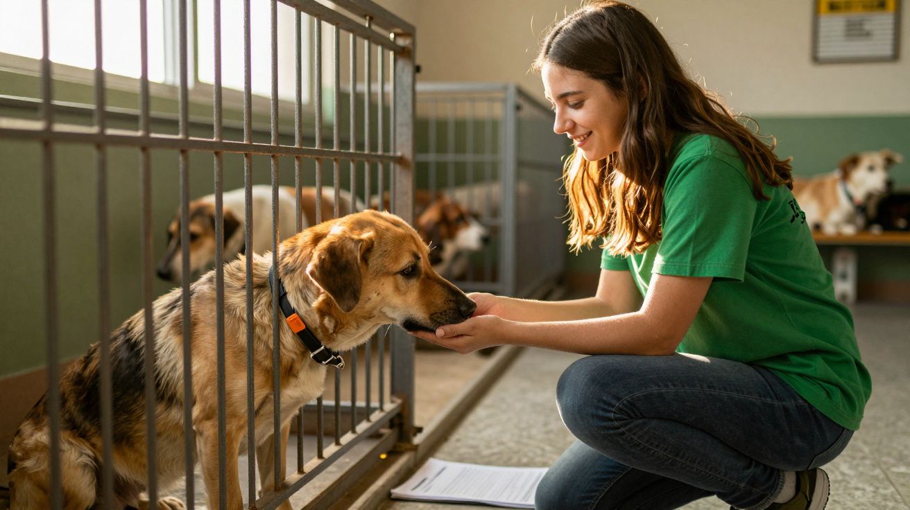 Mujer joven acariciando a un perro en un refugio de animales, sonriendo mientras el perro sale de su jaula.
