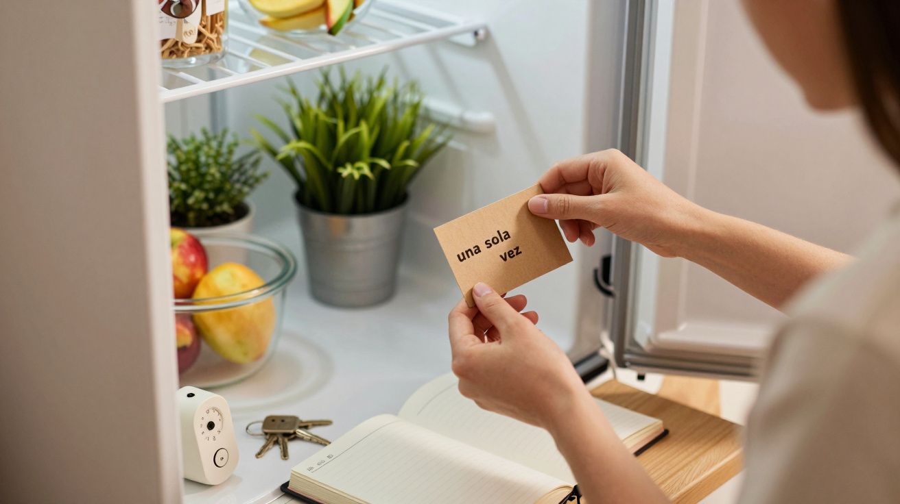 Persona sosteniendo una nota que dice "una sola vez" frente a un refrigerador abierto con plantas y frutas.