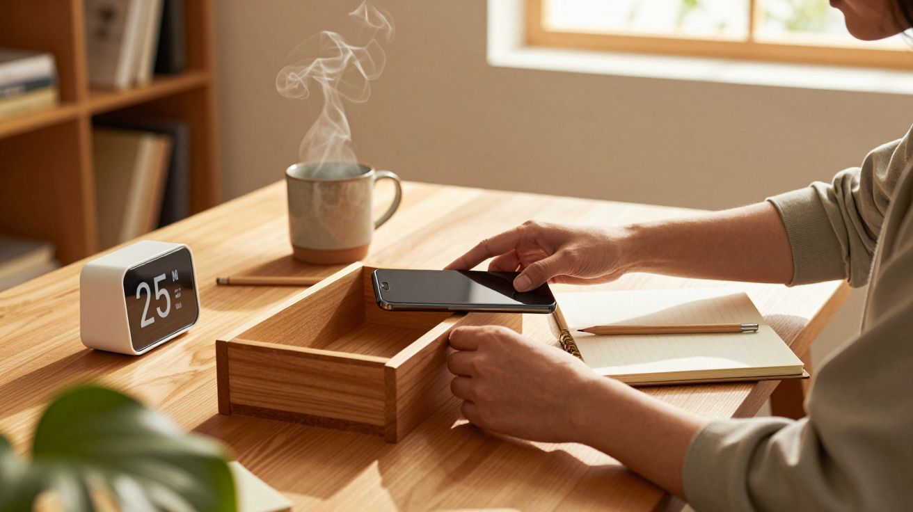 Persona colocando un móvil sobre un cargador inalámbrico en un escritorio de madera con libreta, bolígrafo y un reloj.