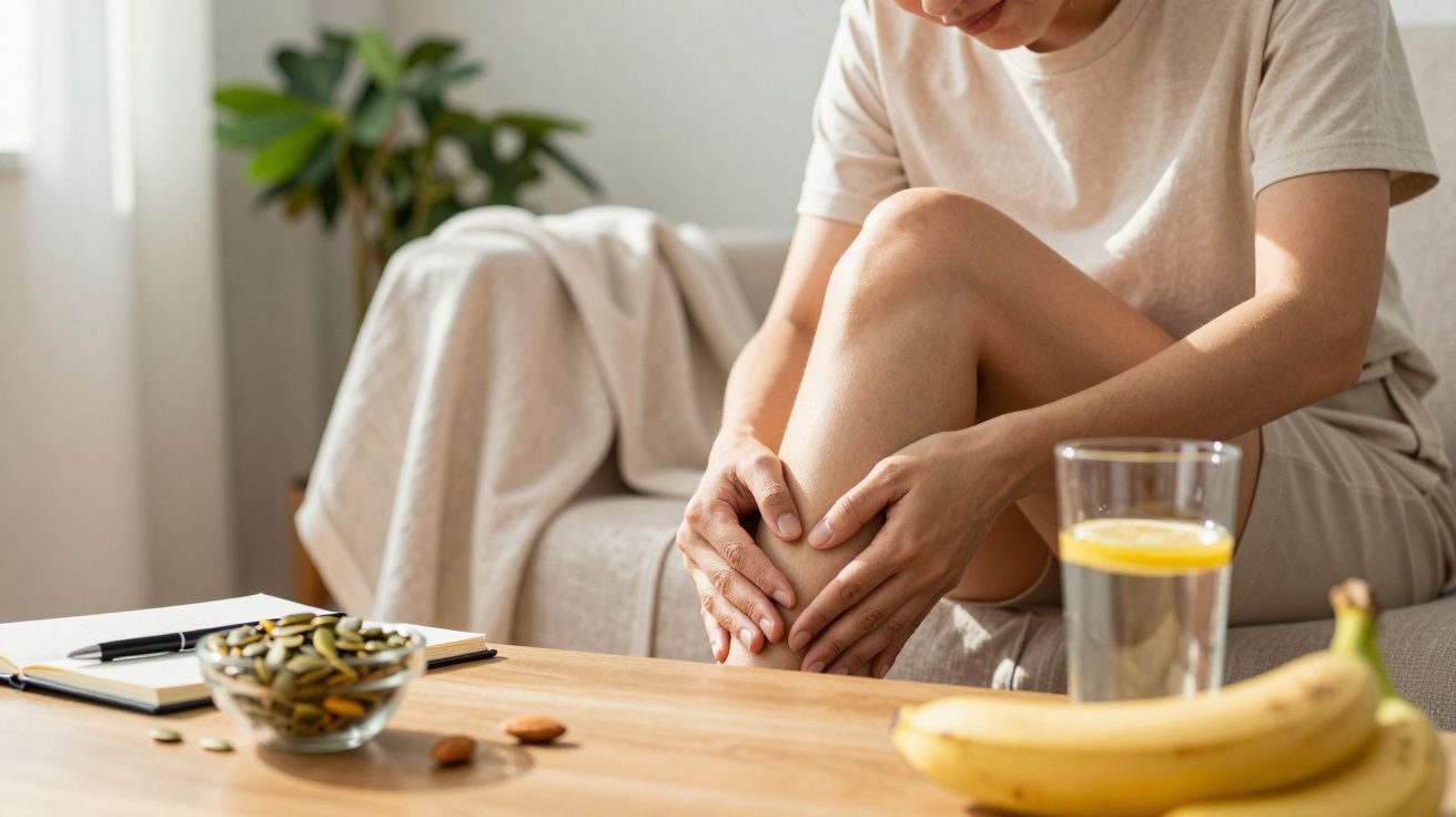 Persona sentada masajeando su pierna en un salón; en la mesa un vaso de agua con limón, plátanos y nueces.