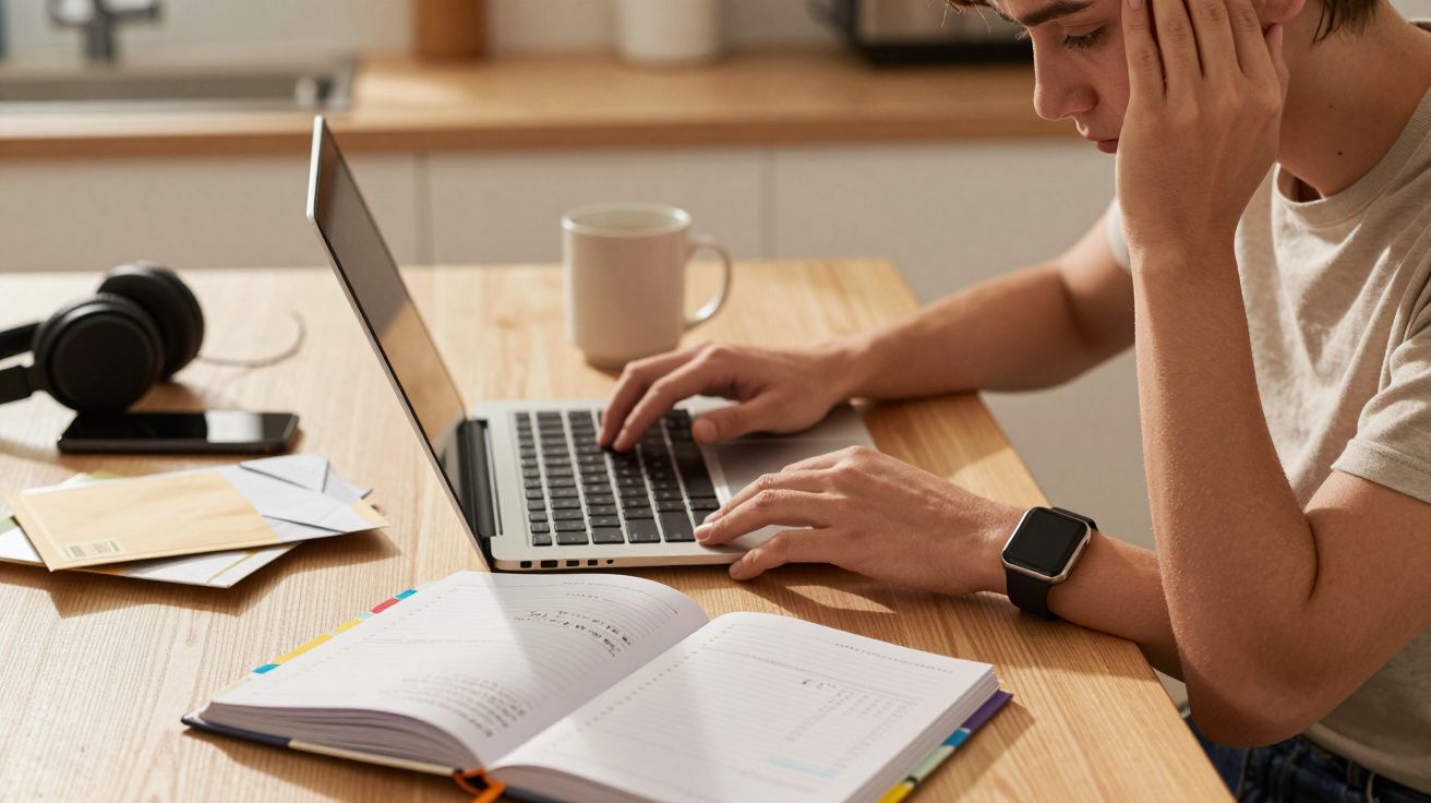 Persona trabajando en un portátil, con cuadernos y auriculares sobre la mesa, en un ambiente hogareño.
