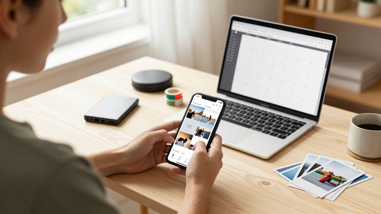 Persona usando móvil y portátil en escritorio, viendo fotos impresas.