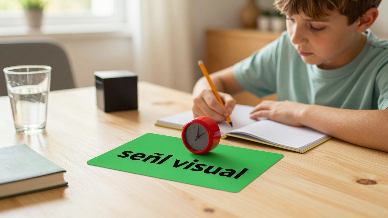 Niño estudiando en un escritorio de madera con un reloj rojo y una señal verde que dice "señal visual".