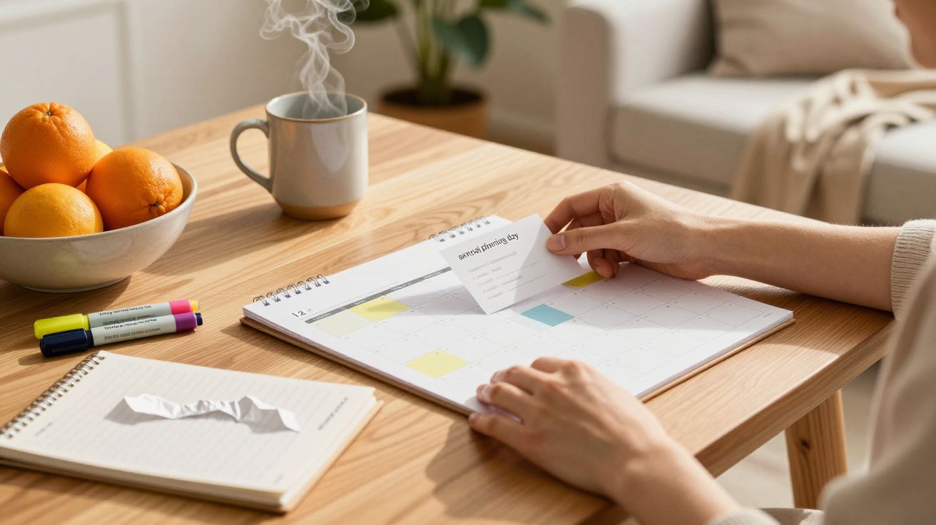 Persona organizando un calendario en una mesa de madera, con una taza, cuaderno, rotuladores y naranjas cerca.