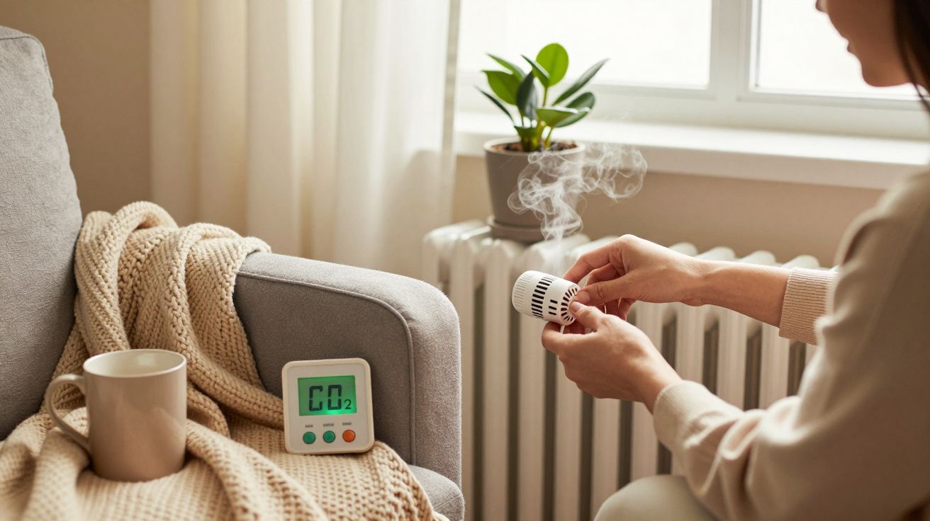 Mujer sosteniendo un dispositivo con vapor, junto a un sensor de CO2 y una taza sobre un sofá en un ambiente acogedor.