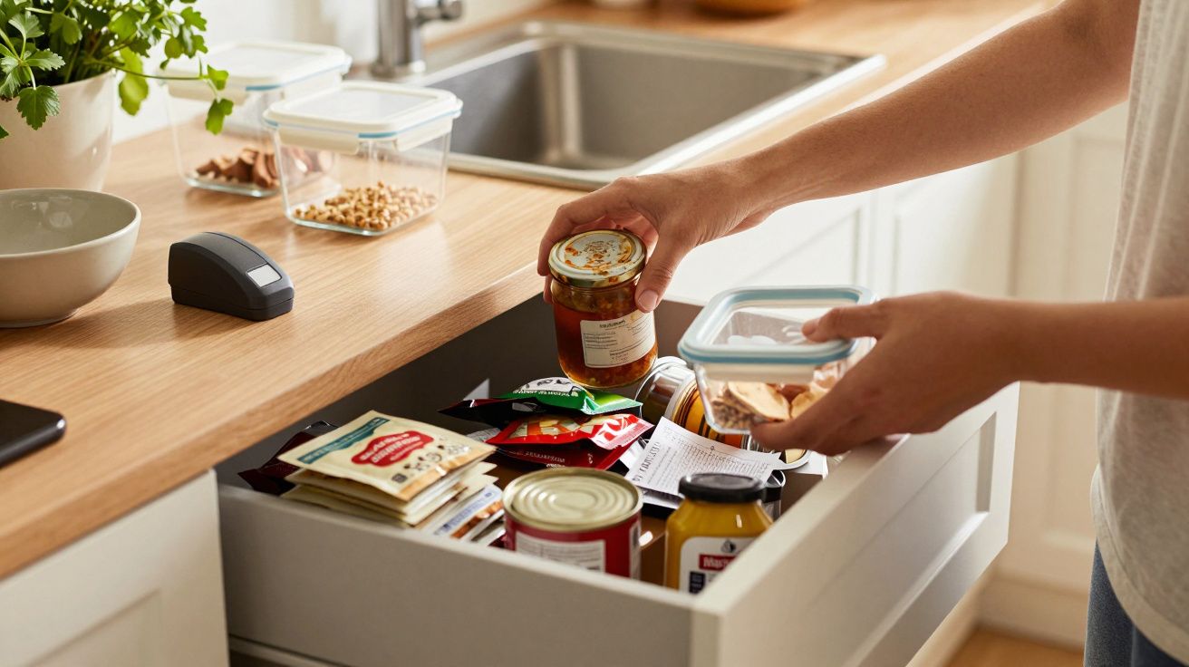 Persona organizando tarros y paquetes en un cajón de cocina junto a un fregadero.