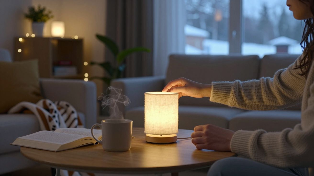 Persona en sala de estar encendiendo lámpara de mesa junto a un libro y una taza humeante. Ambiente acogedor.