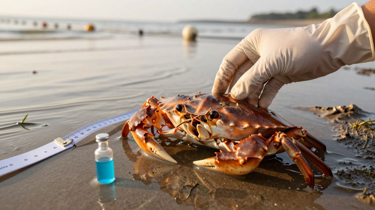 Cangrejo en la orilla siendo examinado, mano enguantada midiendo, frasco de líquido azul y regla en arena.