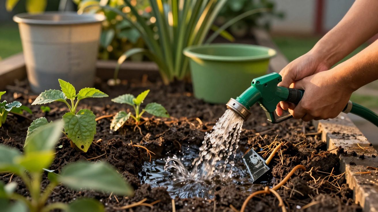 Manos regando plantas en un jardín con una manguera verde, tierra húmeda y macetas al fondo.