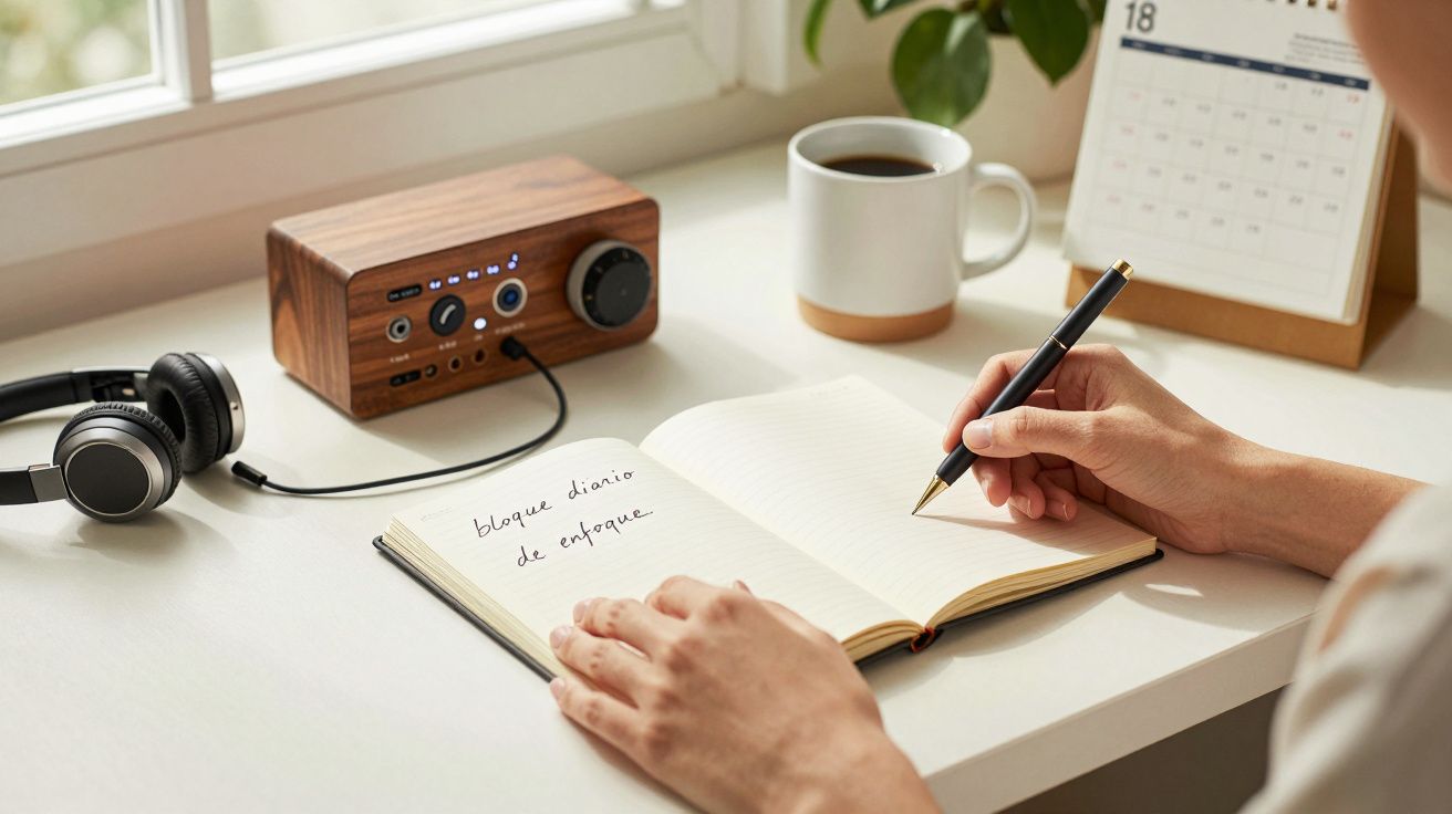 Persona escribiendo en un cuaderno junto a una radio de madera, auriculares, taza de café y calendario en un escritorio blanc