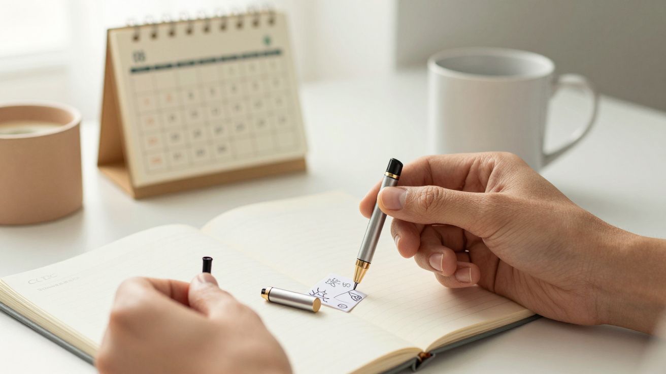 Manos escribiendo en un cuaderno con calendario y taza en el fondo.