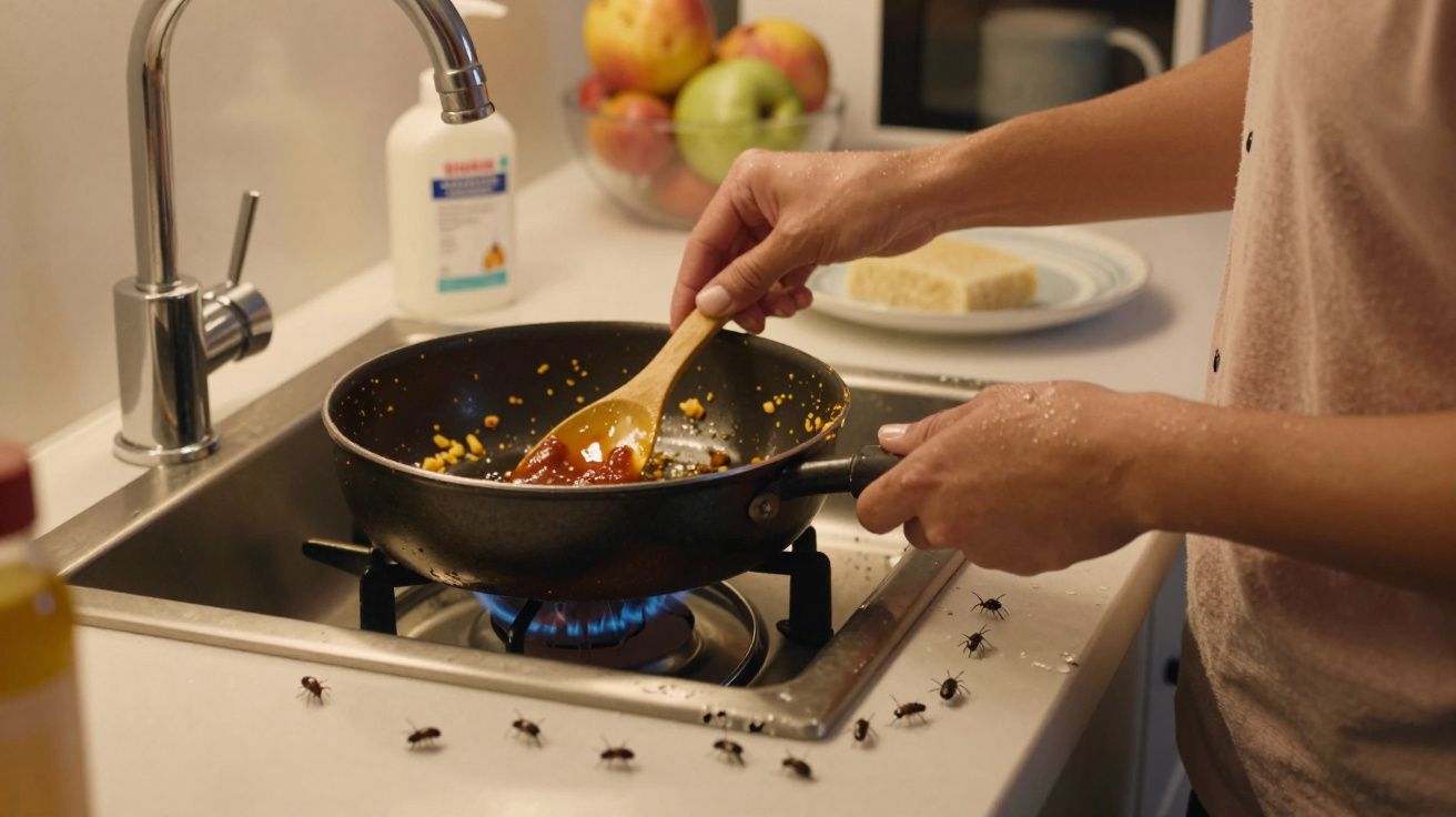 Persona cocinando en sartén sobre fogón, con cucarachas en la encimera junto al fregadero y una pila de manzanas detrás.