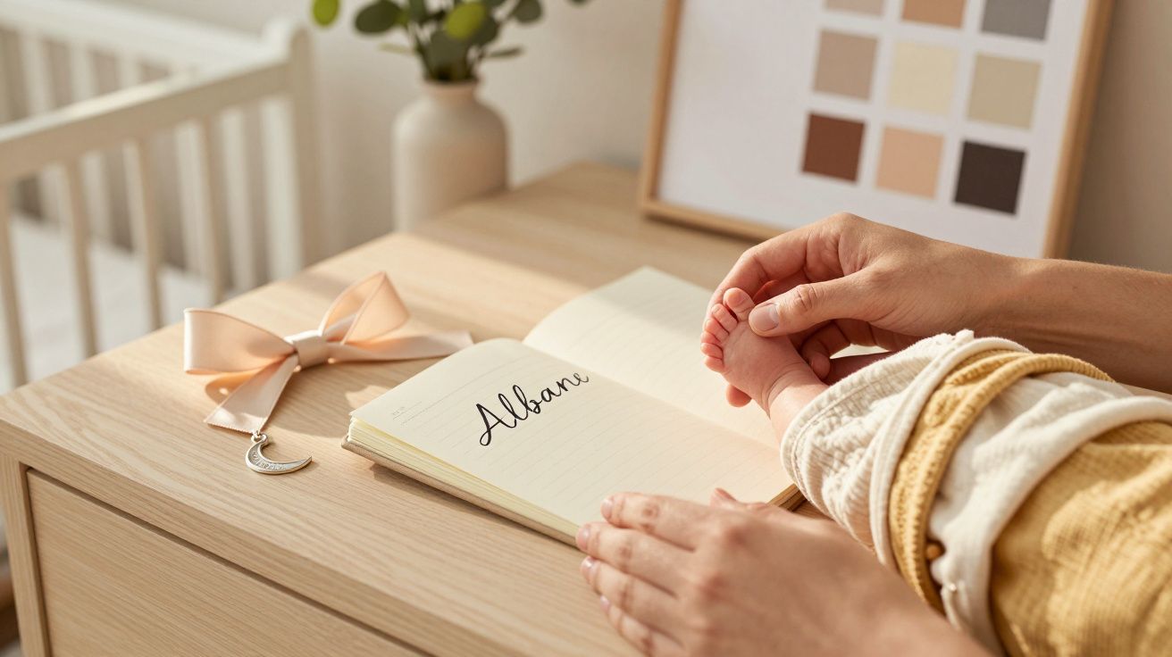 Mano de bebé sostiene un dedo. Cuaderno con "Alban" en mueble de madera clara, junto a lazo con colgante de luna.