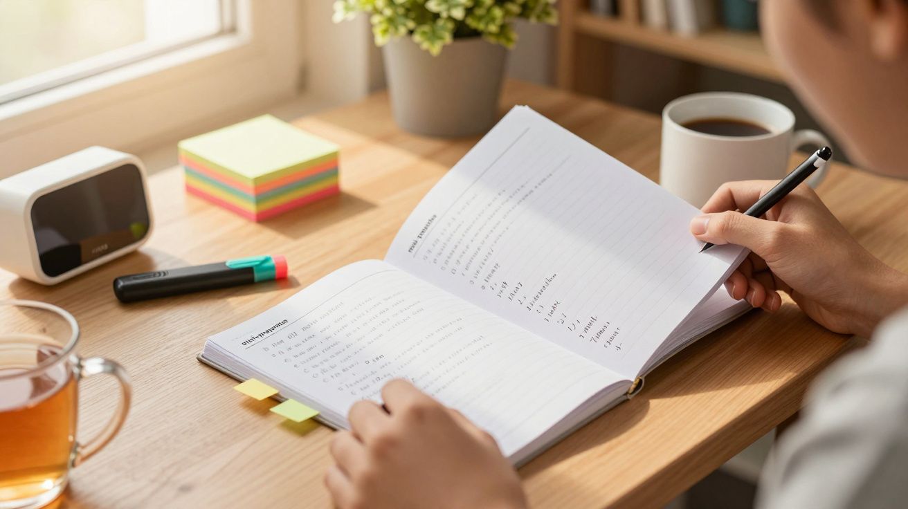 Persona escribiendo en un cuaderno junto a una ventana, con una taza de café, té, bloc de notas y planta sobre la mesa.