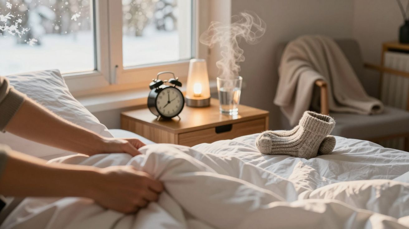 Cama con edredón blanco, calcetines grises, despertador y vaso humeante en mesita de noche, ventana nevada al fondo.